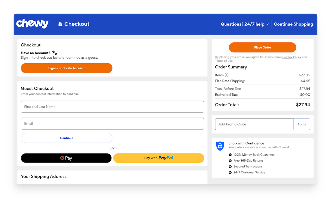 guest checkout on Chewy website