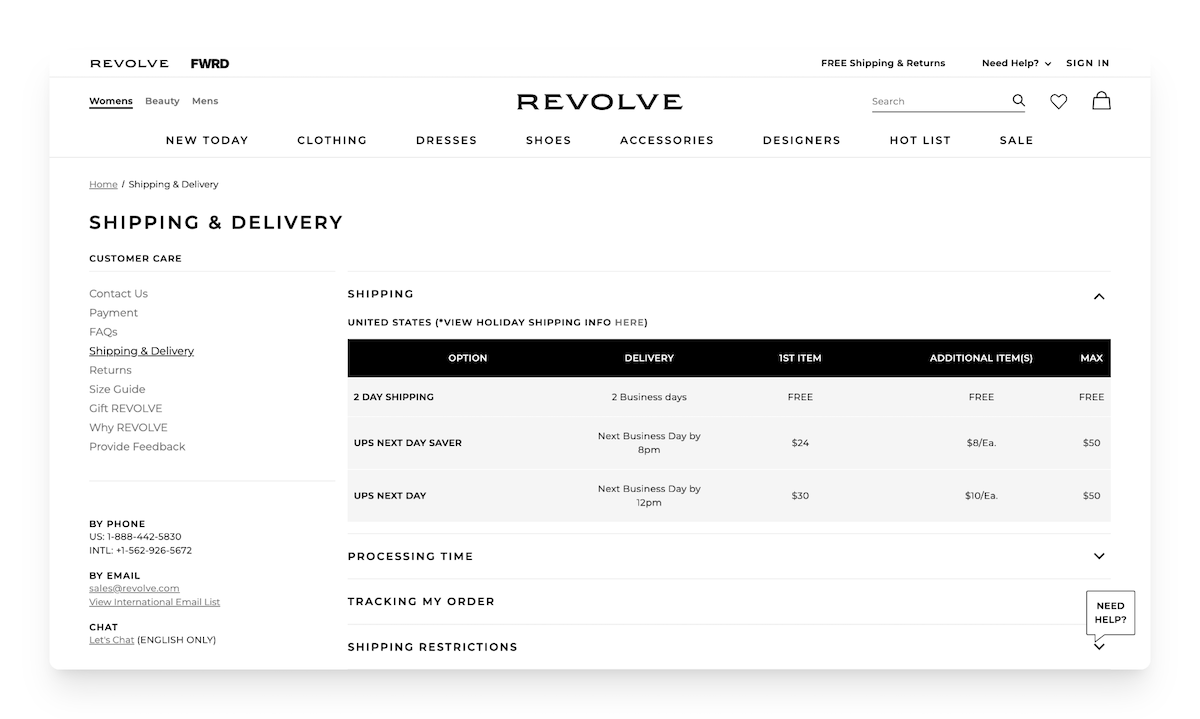 Revolve's shipping policy