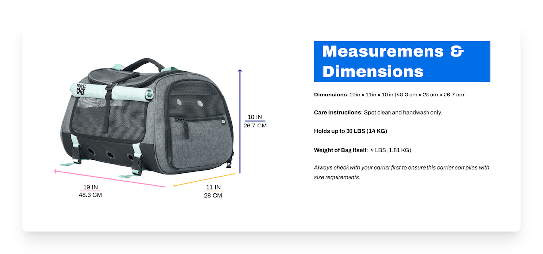 product measurements for a Travel Cat carrier