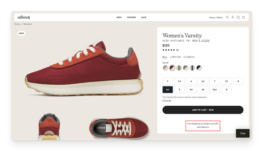 shipping info on Allbirds product page