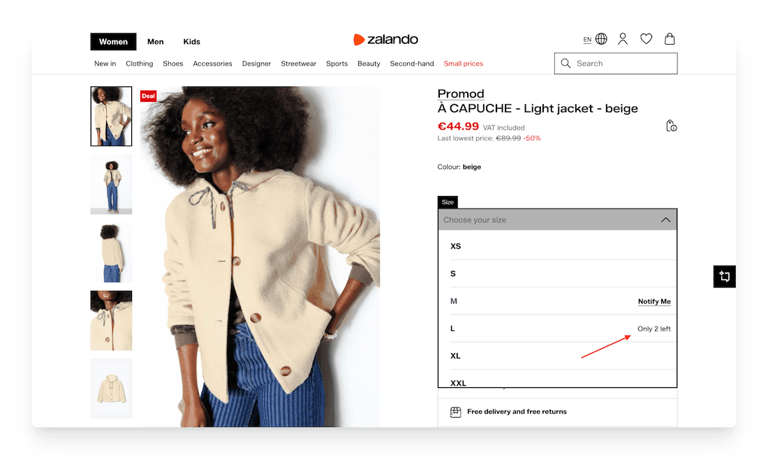 remaining stock on Zalando product page