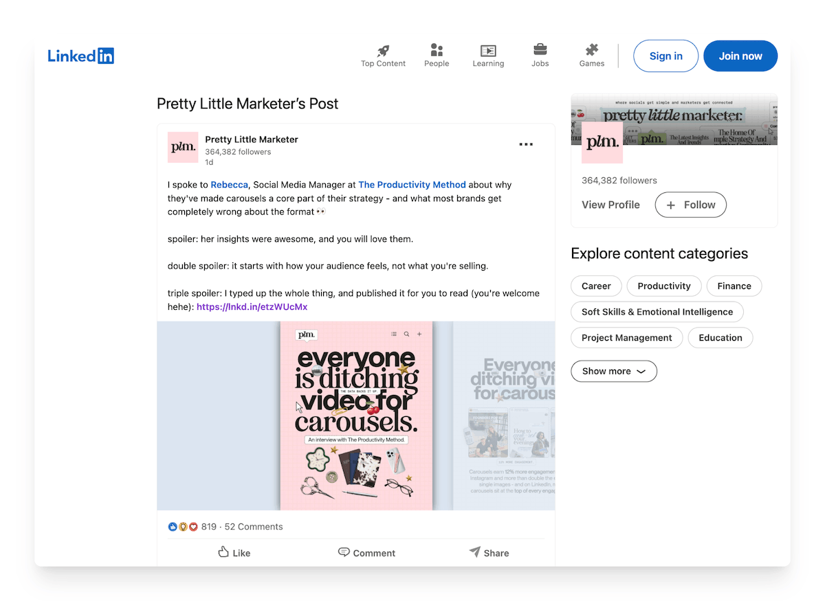 Pretty Little Marketer post on LinkedIn