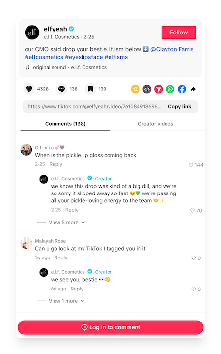 e.l.f. Cosmetics responding to followers on TikTok