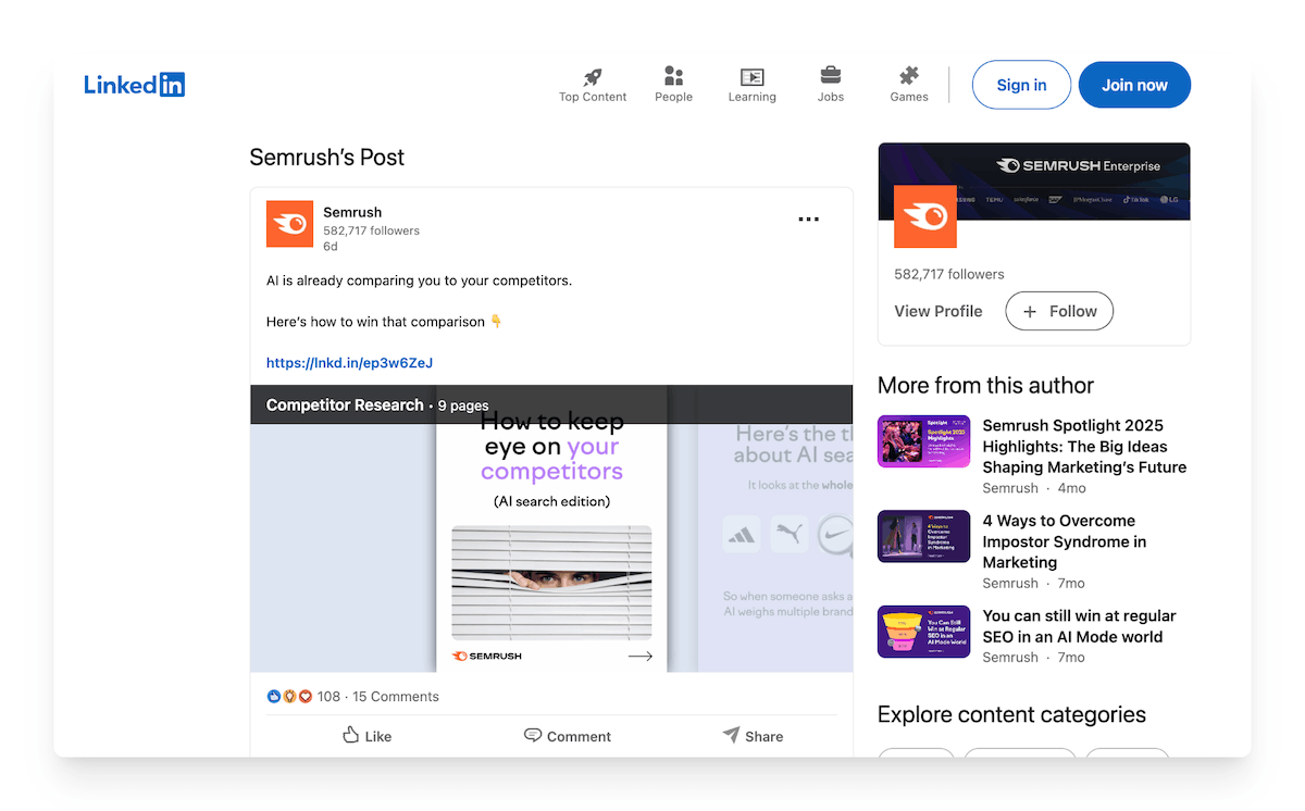 Semrush LinkedIn post